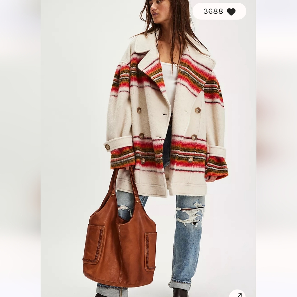 Free People Henri Cream Stripe Wool Peacoat with Red & Green Accents